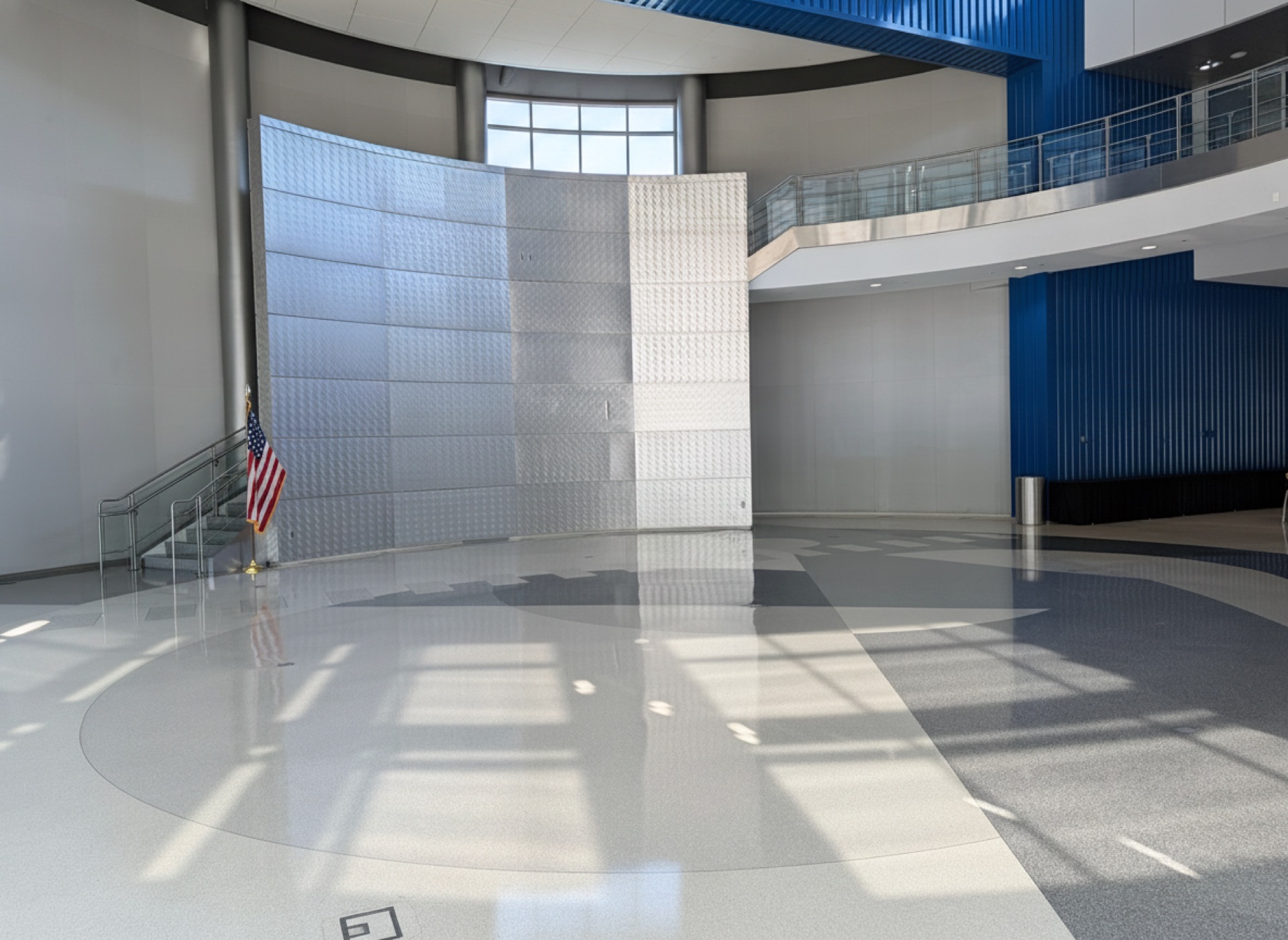 The atrium's curved wall and balcony